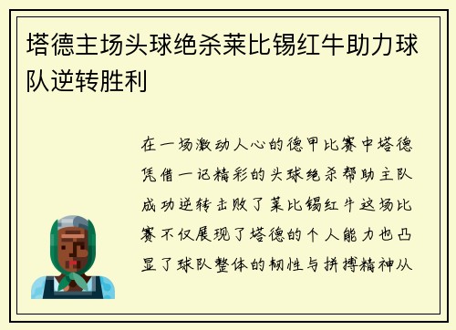 塔德主场头球绝杀莱比锡红牛助力球队逆转胜利